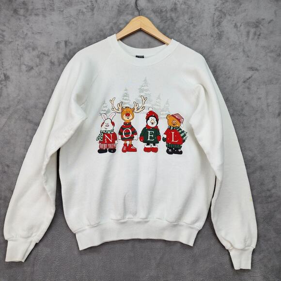 VTG 90s Christmas Sweatshirt Adult XL Noel Bunny Reindeer Bear Graphic Holiday - Picture 2 of 14